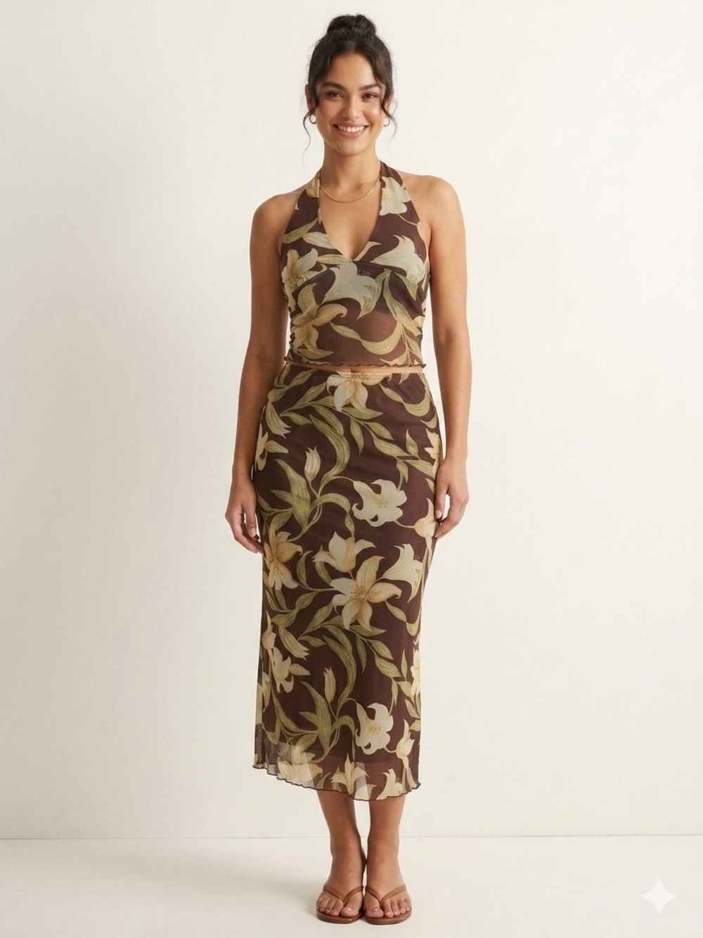NWOT See You Monday Brown Floral Halter Set Top And Skirt L (Fit M-L)
